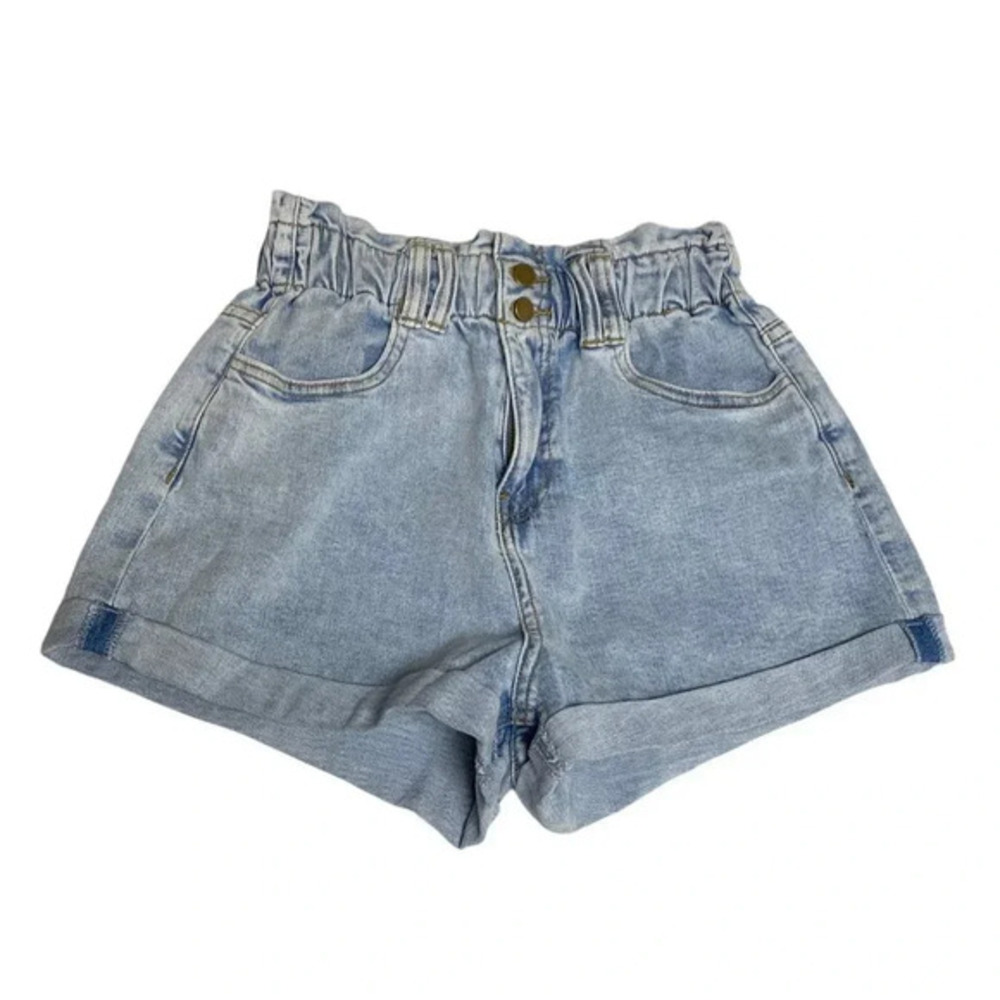 New Fashion Nova Shorts Alana Paperbag Waist Light Denim Women Size Small